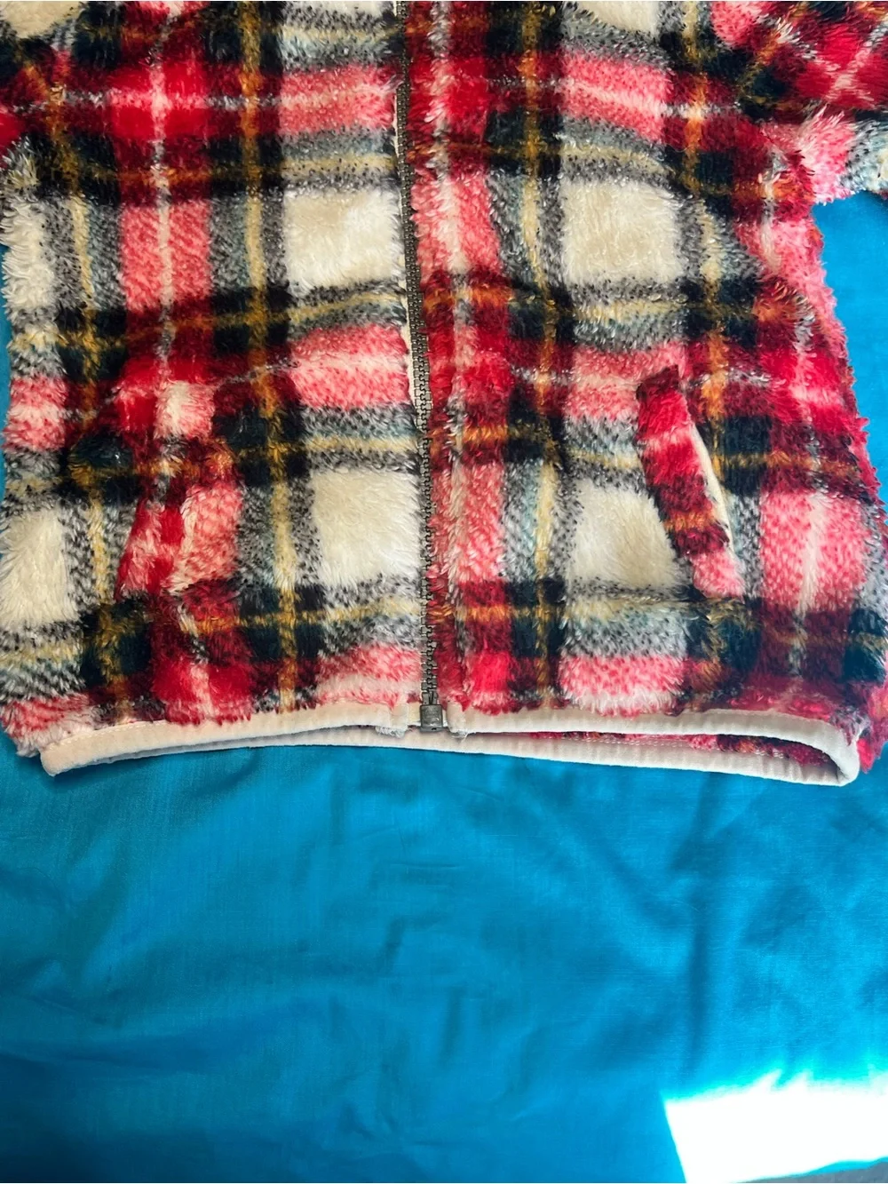 Old Navy Toddler Plush Fleece Plaid Hooded Jacket Red 3T